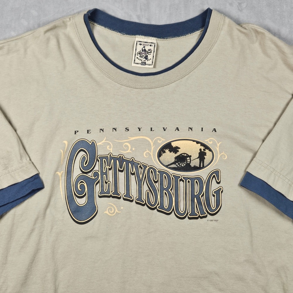 Vintage Gettysburg T-Shirt Mens XXL Tan Graphic Ringer Tee Made In USA 1997